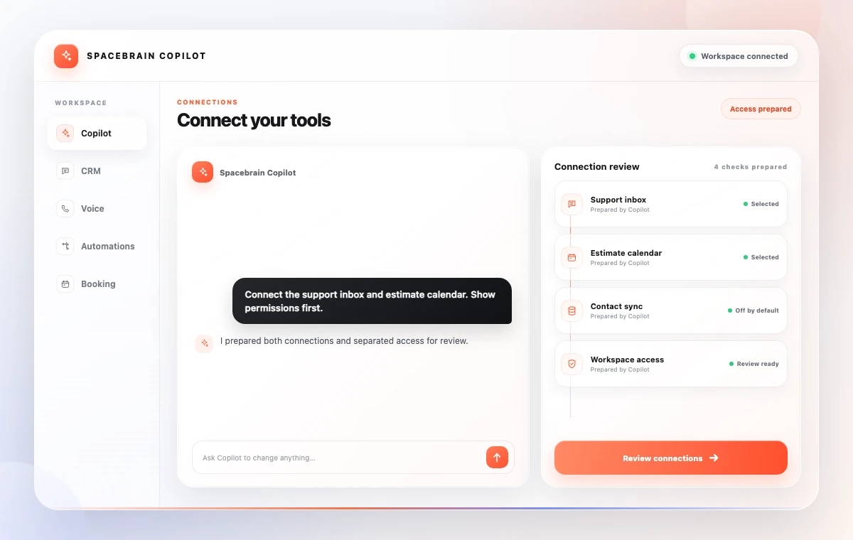 Spacebrain AI Copilot screen for connecting workspace tools to an automation.