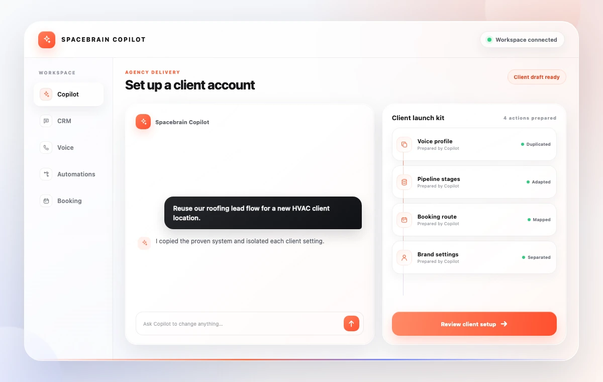 Spacebrain AI Copilot screen guiding initial client workspace setup.