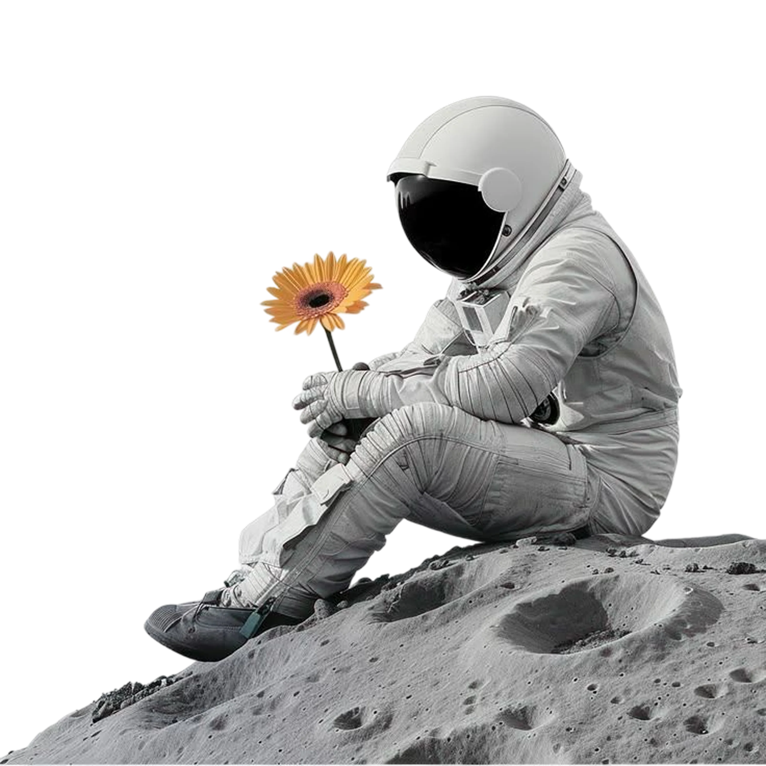 Illustration of an astronaut on the moon holding a yellow flower.