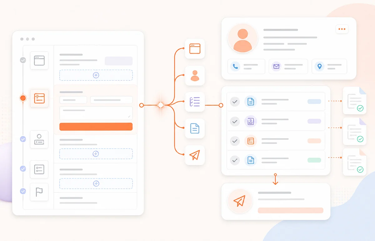 Spacebrain Funnel Builder screen showing a funnel workflow connected to the CRM.