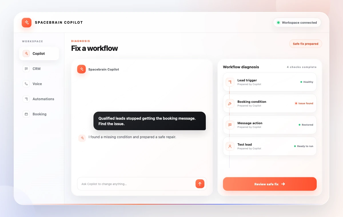 Spacebrain AI Copilot screen showing a workflow issue and recommended fix.